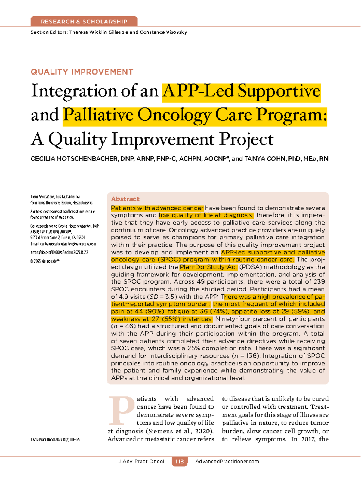 Integration of an APP-Led Supportive and Palliative Oncology Care ...