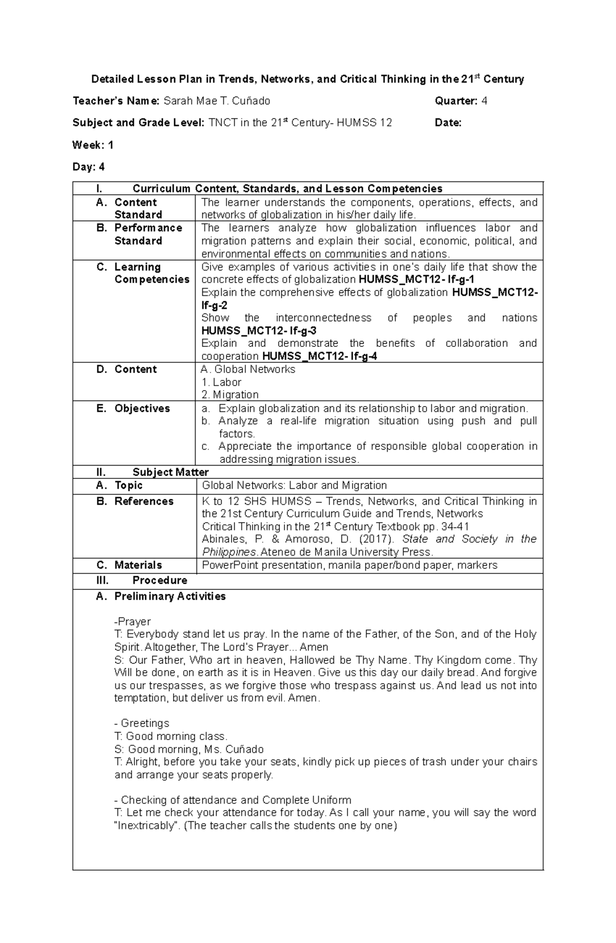 Detailed Lesson Plan: Global Networks, Labor & Migration (HUMSS 12 ...