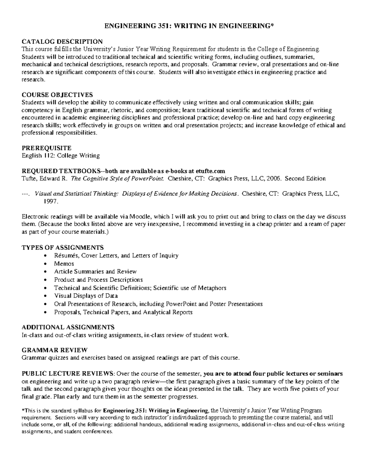 Engineering 351 Syllabus: Writing in Engineering Course Overview - Studocu