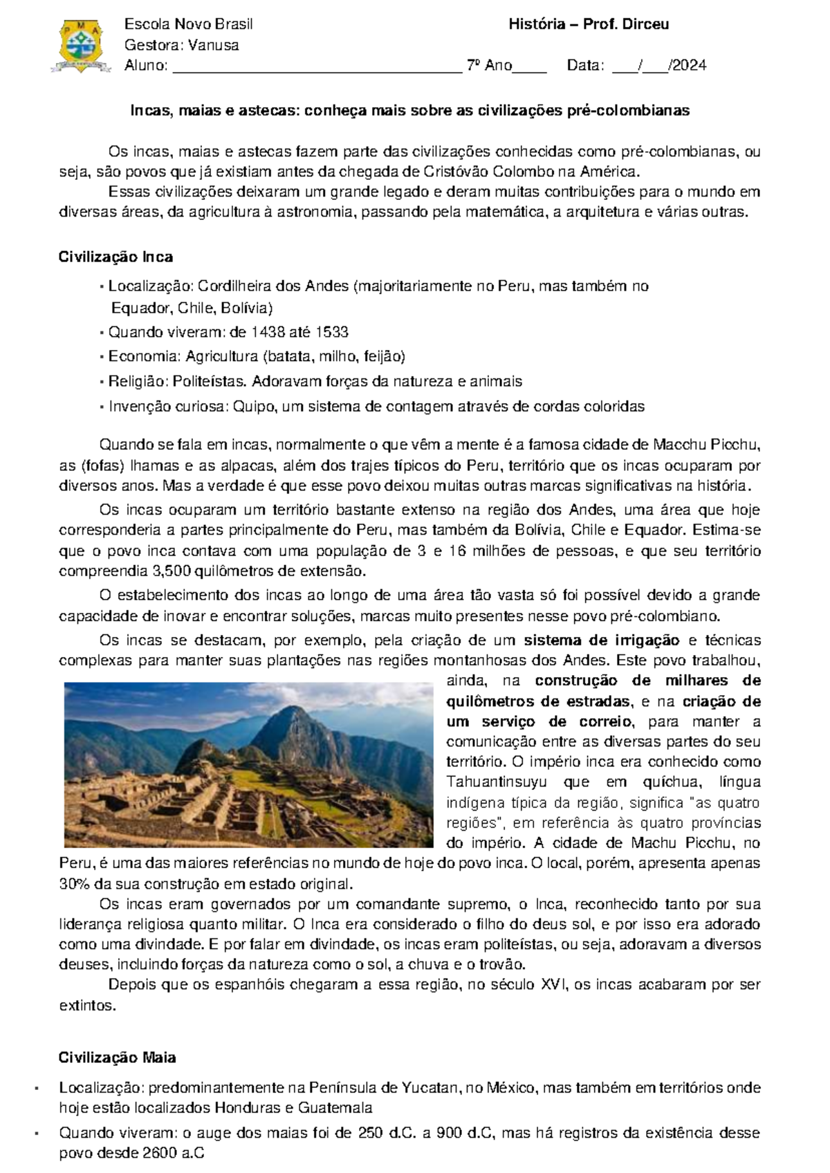 Civilizações Pré-Colombianas: Astecas, Maias e Incas - História 7º ...