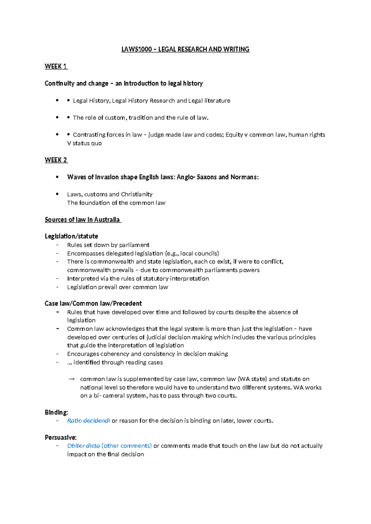 Legal Research & Writing (LAW101) - Weeks 1-10 Overview and Key ...
