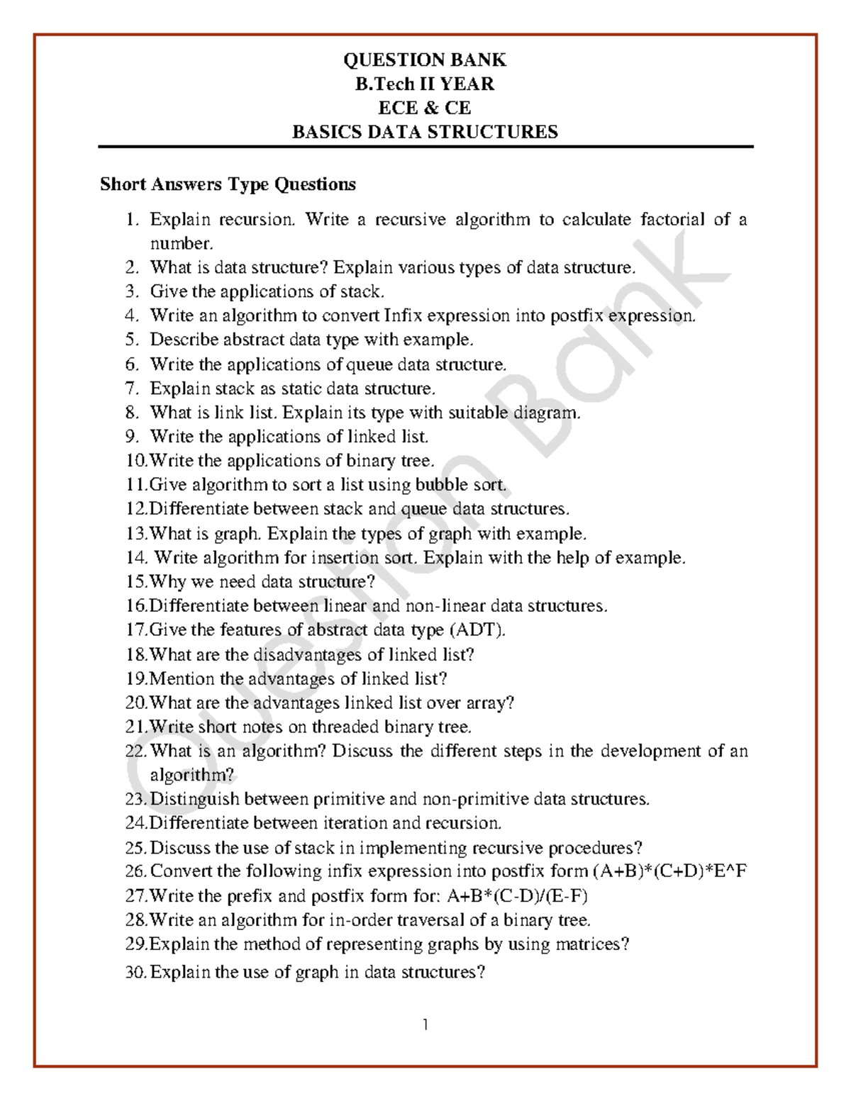 Question Bank 2: Data Structures Short & Long Answer Questions - Studocu