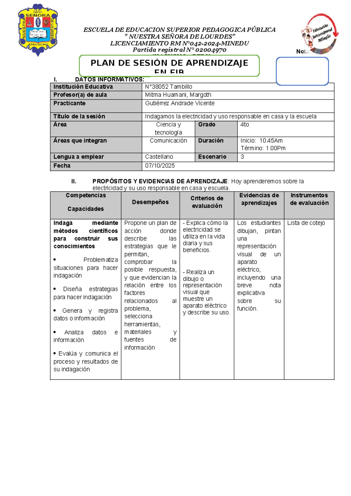 Plan de Sesión de Aprendizaje: Electricidad y Uso Responsable - 4to ...