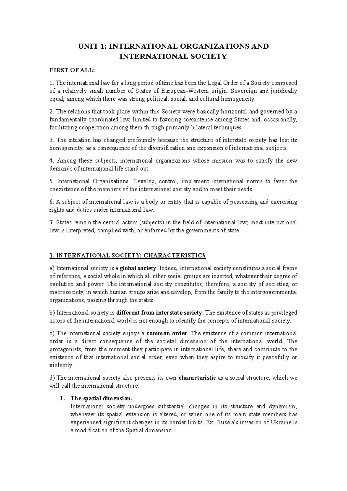 UNIT 1: INTERNATIONAL ORGANIZATIONS AND SOCIETY - ESSENTIAL NOTES - Studocu