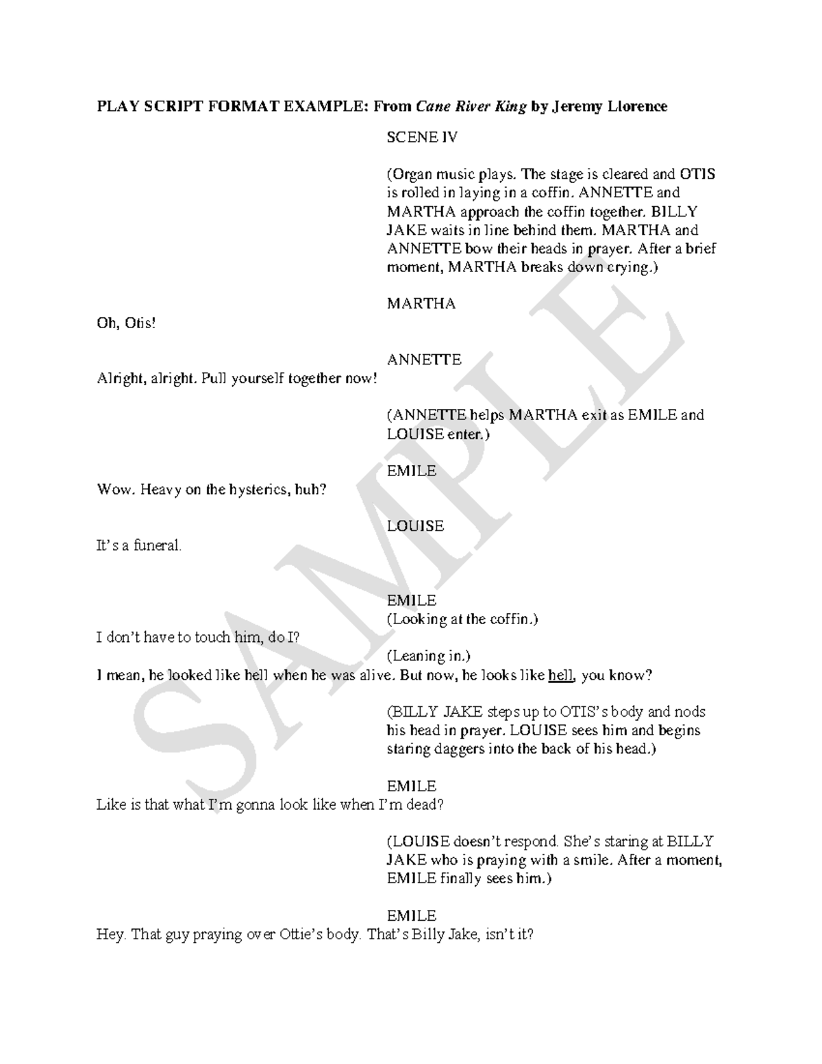 PLAY SCRIPT FORMAT EXAMPLE: Cane River King Scene IV Excerpt - Studocu