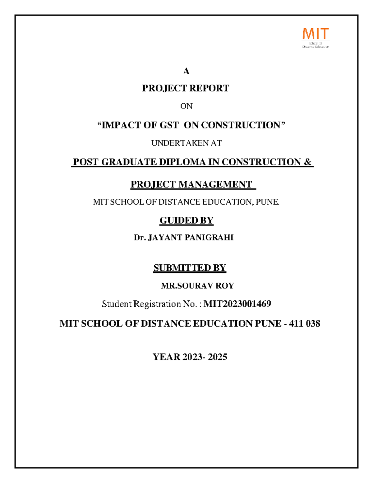 Project Report on GST Impact in Construction Sector - MIT CPM 2025 ...