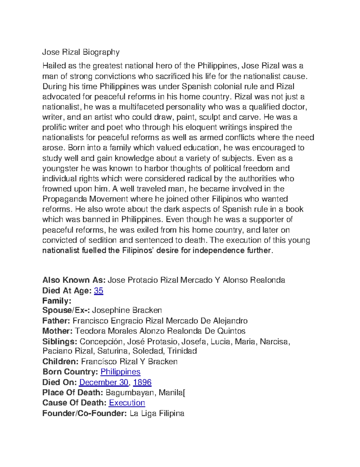 Jose Rizal - During his time Philippines was under Spanish colonial ...