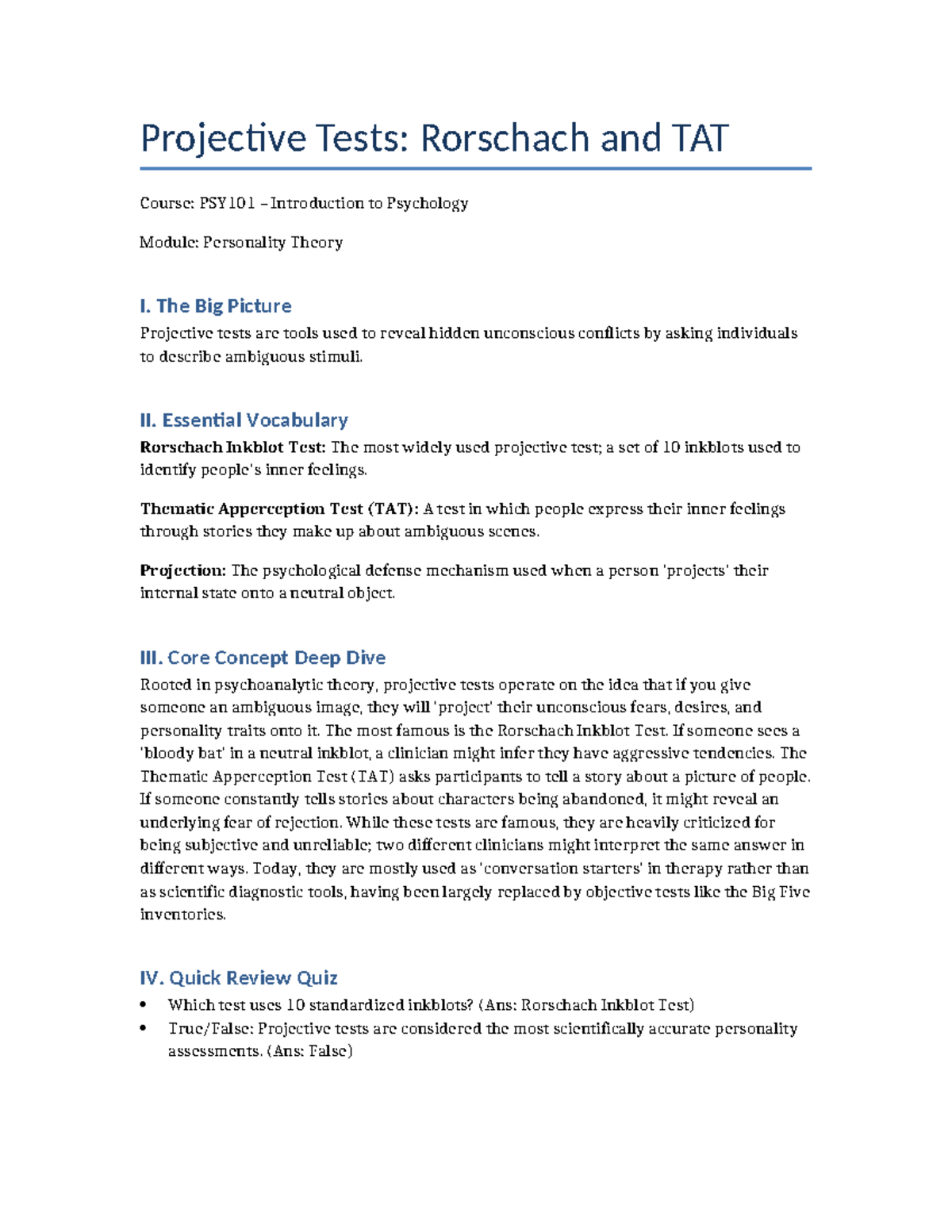 Projective Tests: Rorschach & TAT Overview - PSY101 Personality Theory ...
