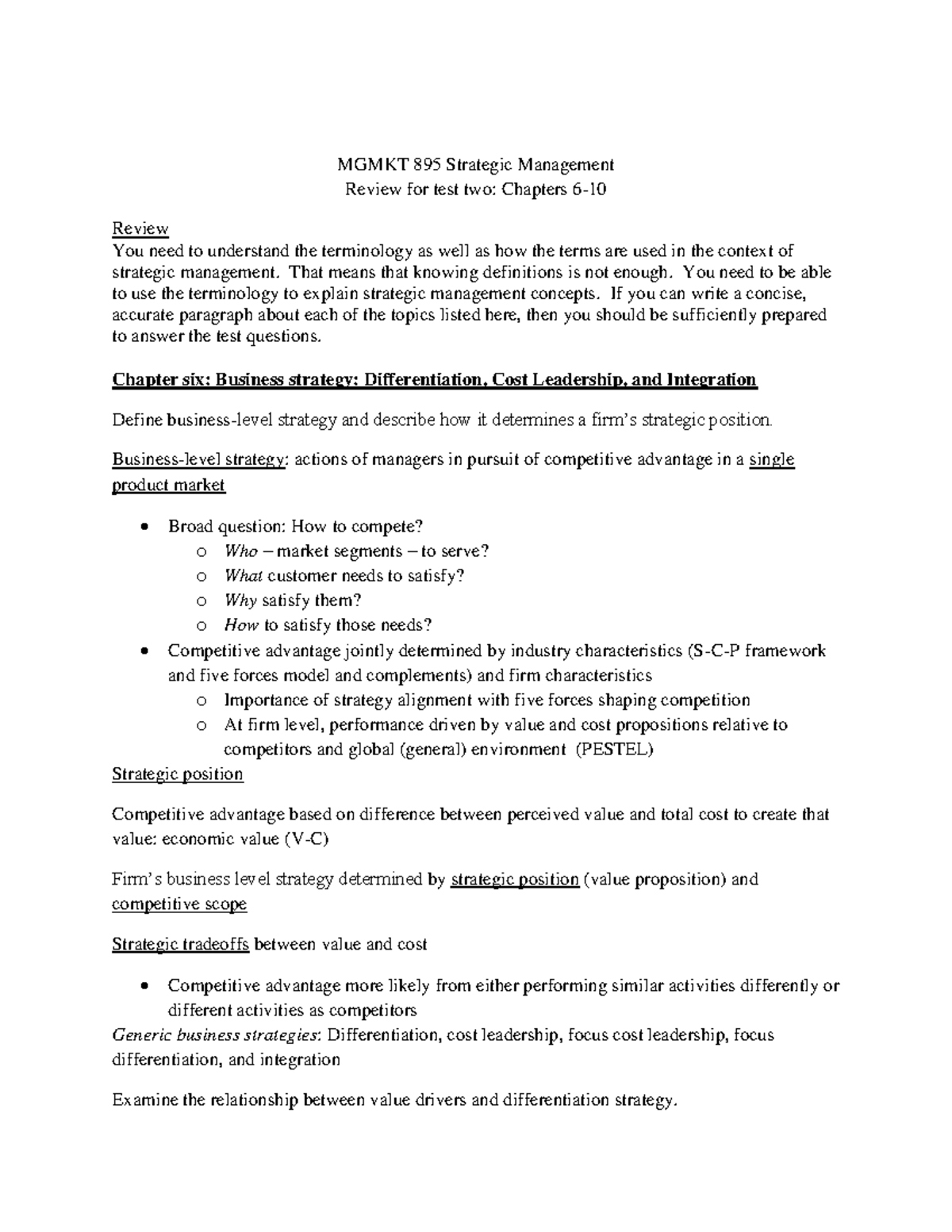 Str Mgmt Ch6-10 Study Guide - MGMKT 895 Strategic Management Review for ...