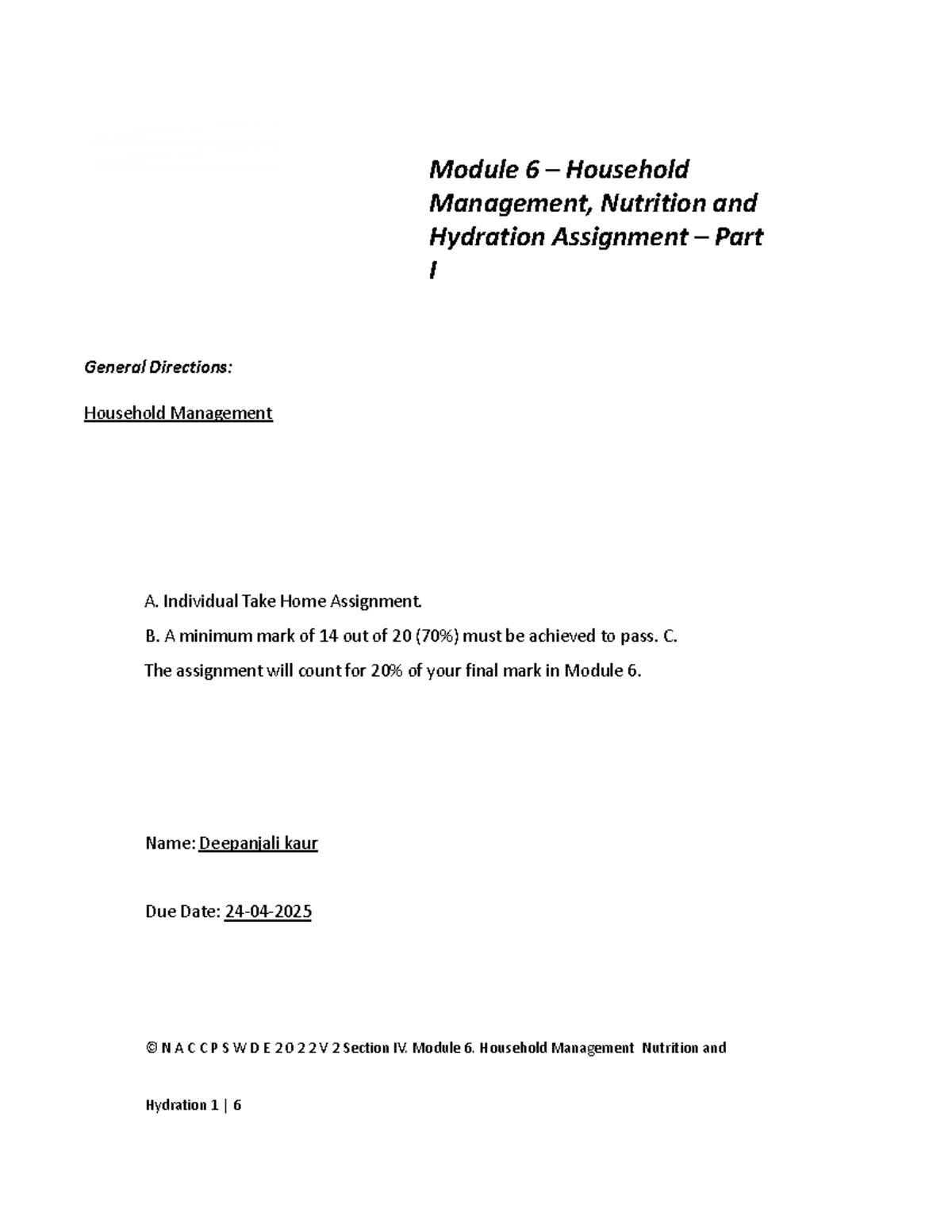 Module 6: Household Management, Nutrition & Hydration Assignment Part I ...