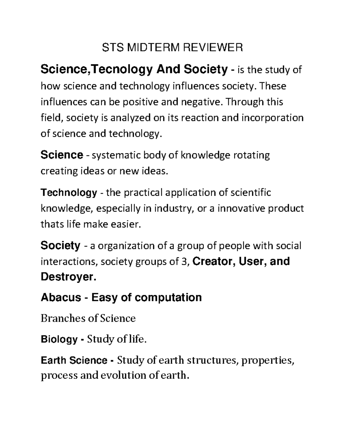 STS 101 Midterm Review: Science, Technology, and Society Insights - Studocu