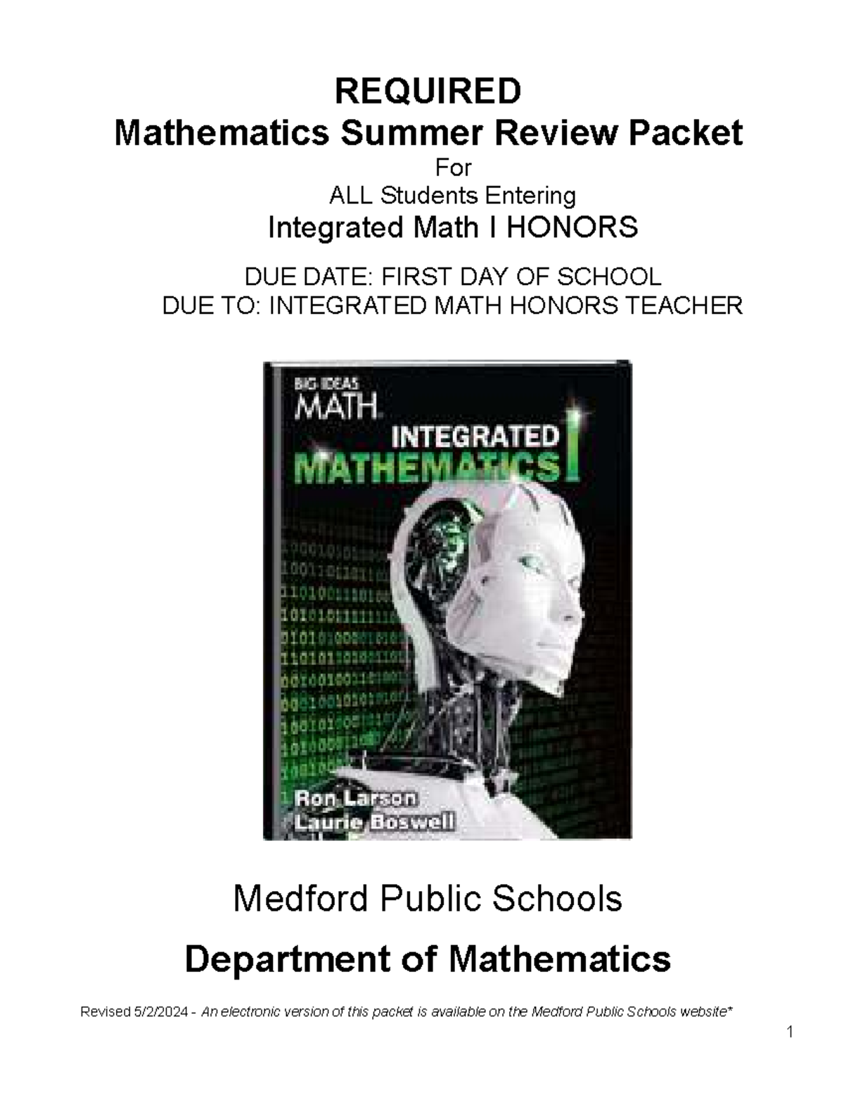 Mathematics Summer Review Packet for Integrated Math I Honors - Due ...
