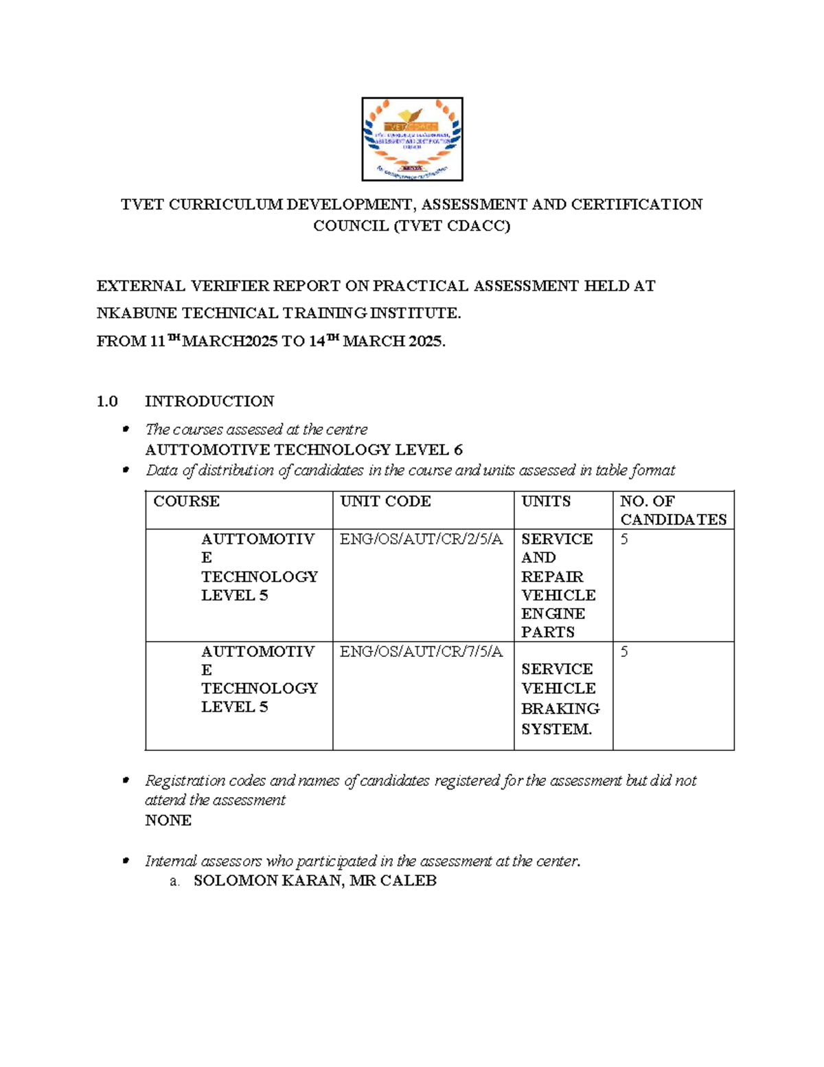 TVET CDACC External Verifier Report on Practical Assessment - Level 5 ...
