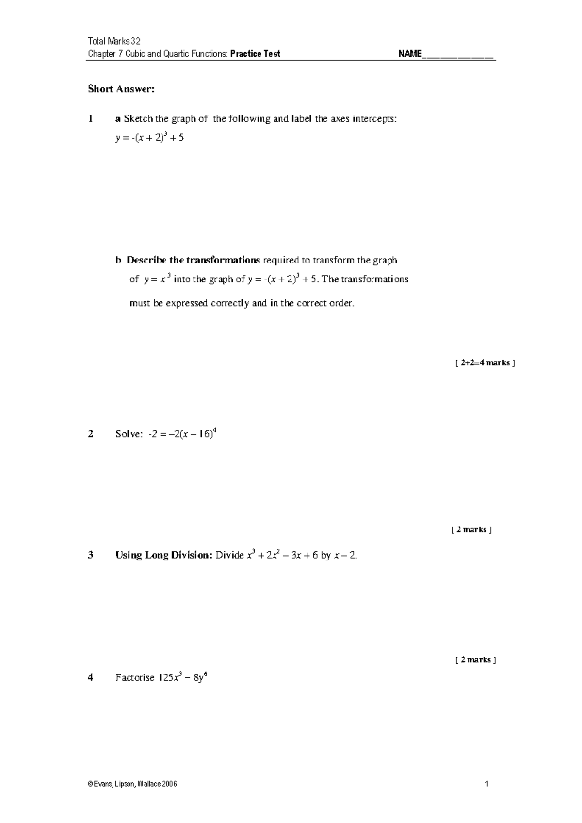 CUB 7: Practice Test on Cubic and Quartic Functions - Studocu