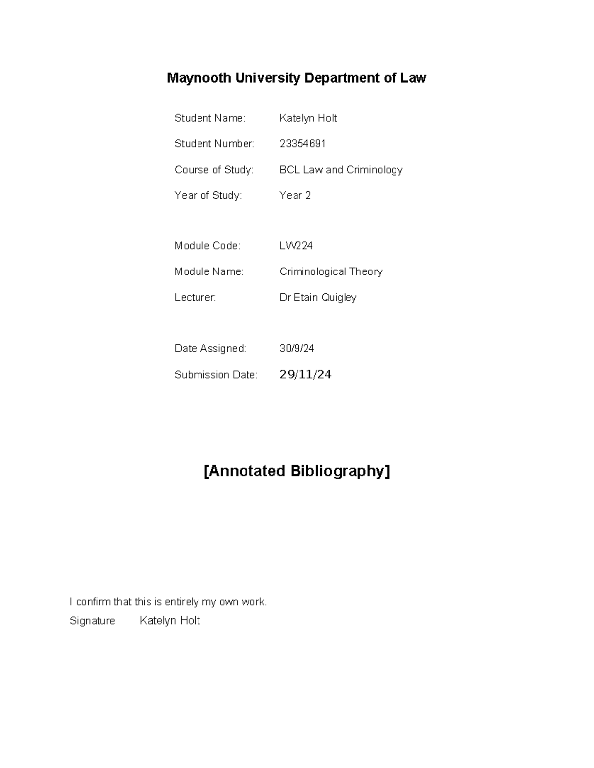 LW224 Annotated Bibliography on Criminological Theory - Studocu