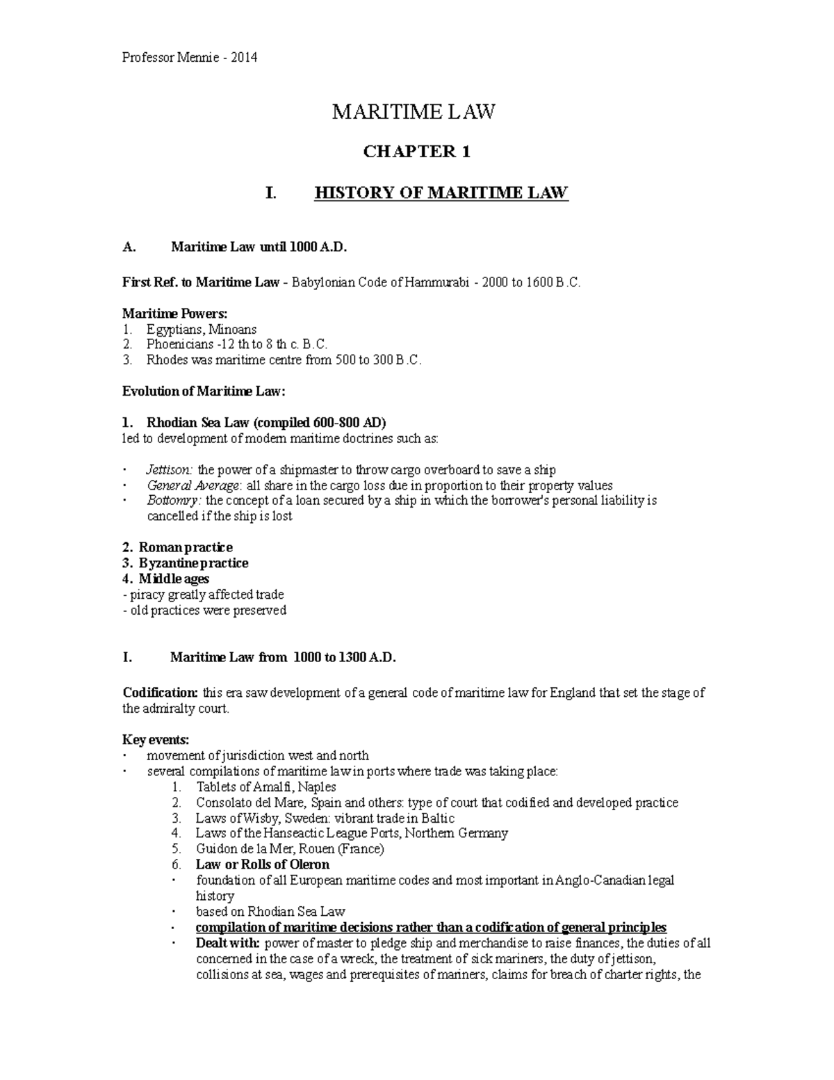 LAWS 2001 - Maritime - Professor Mennie 2014 MARITIME LAW CHAPTER 1 I ...