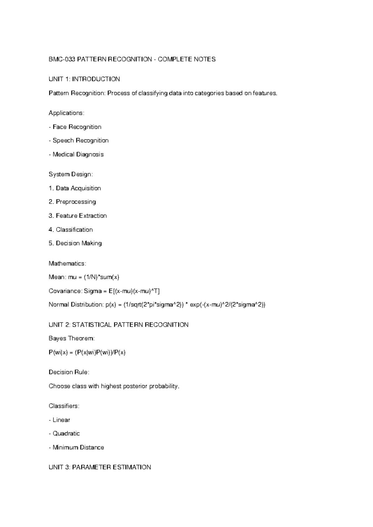 BMC033 Pattern Recognition Complete Study Notes: Units 1-4 - Studocu