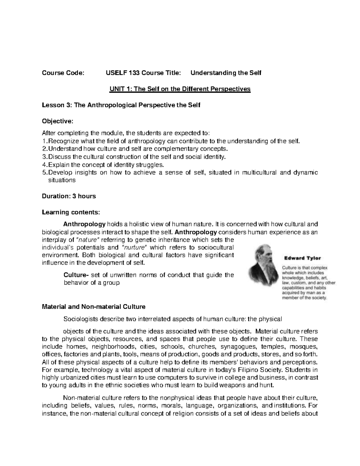 Lesson 3: Anthropological Insights on the Self (USELF 133) - Studocu