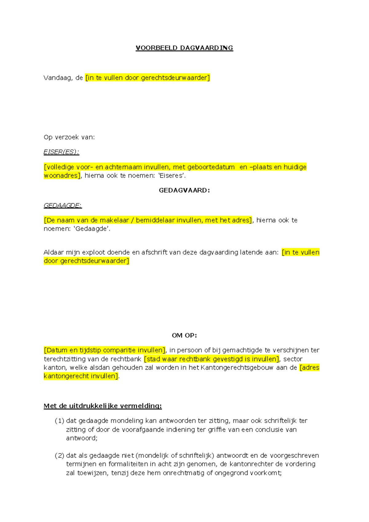 Burgerlijk recht I: Voorbeeld dagvaarding en relevante casussen ...