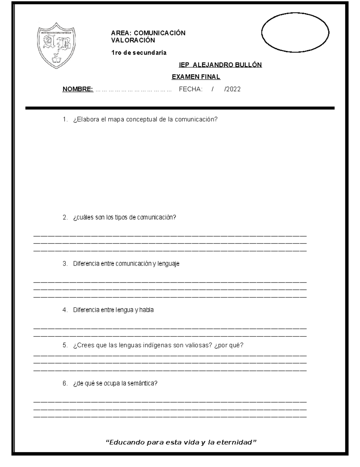 1ro de Secundaria - Examen Final Comunicación IEP Alejandro Bullón ...