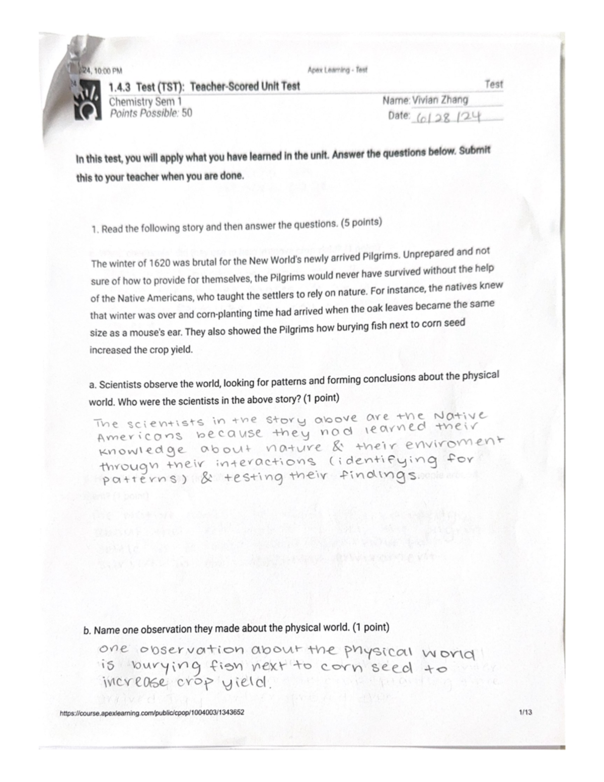 Chemistry Sem 1 - Apex Learning Test 1.4.3: Unit Test Guide - Studocu