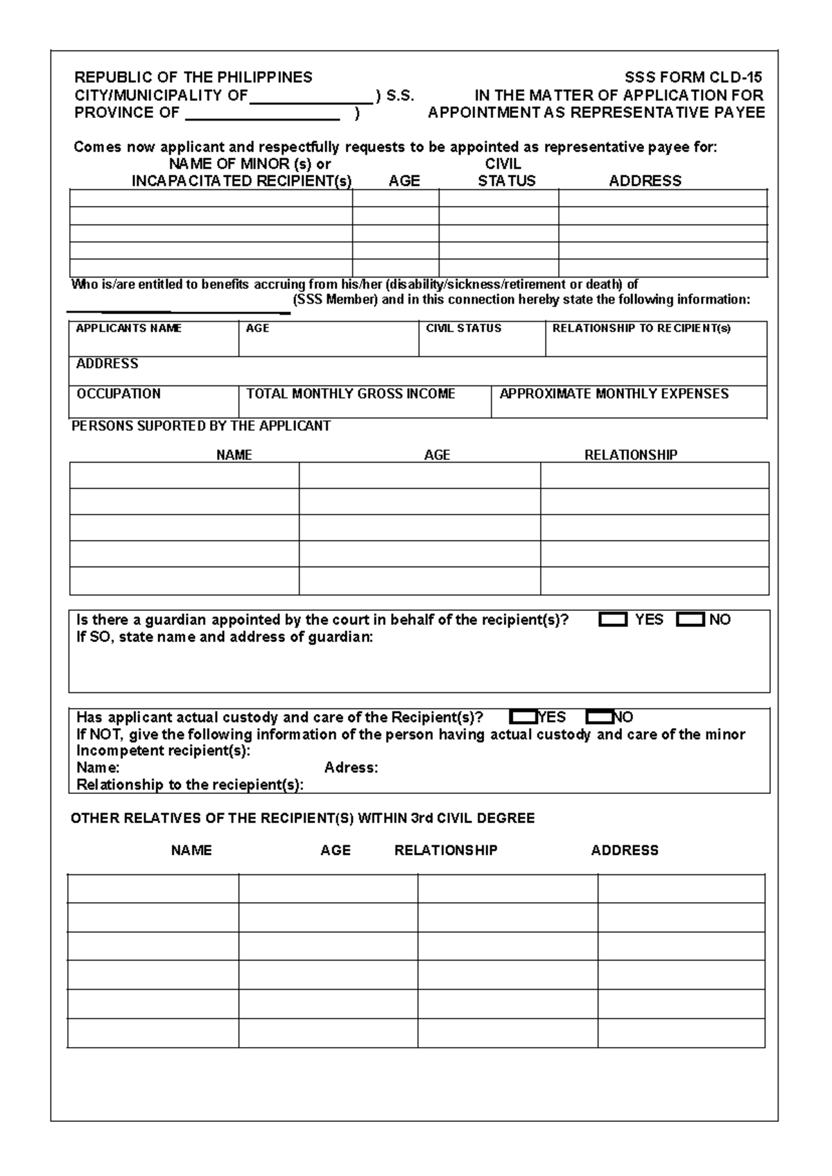 Application for Appointment as Representative Payee (SSS Form CLD ...