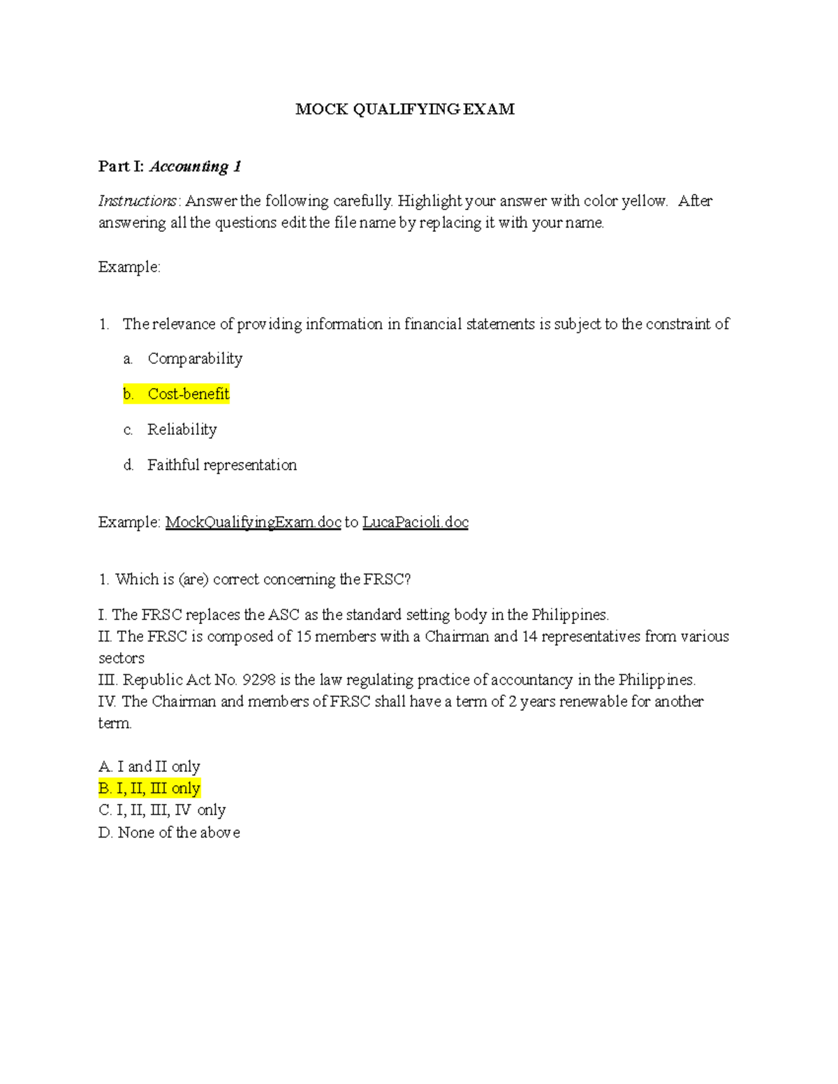 A1 Key Answer - MOCK QUALIFYING EXAM Part I: Accounting 1 Instructions ...