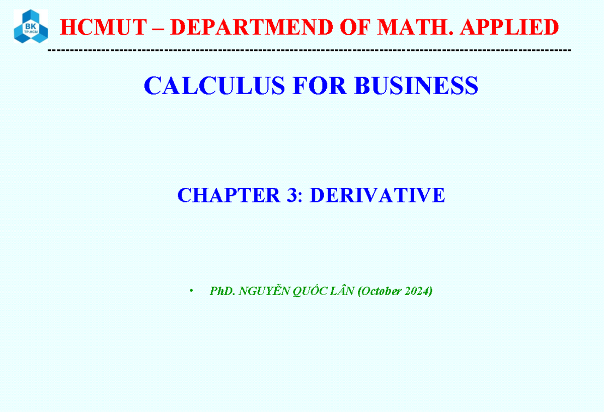 HCMUT MATH APPLIED CALCULUS CHAPTER 3: DERIVATIVES NOTES - Studocu