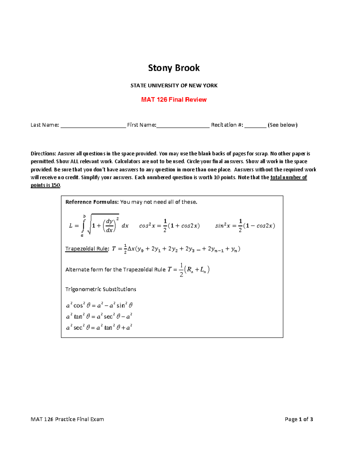 MAT 126 Practice Final Exam Comprehensive Review Guide - Studocu