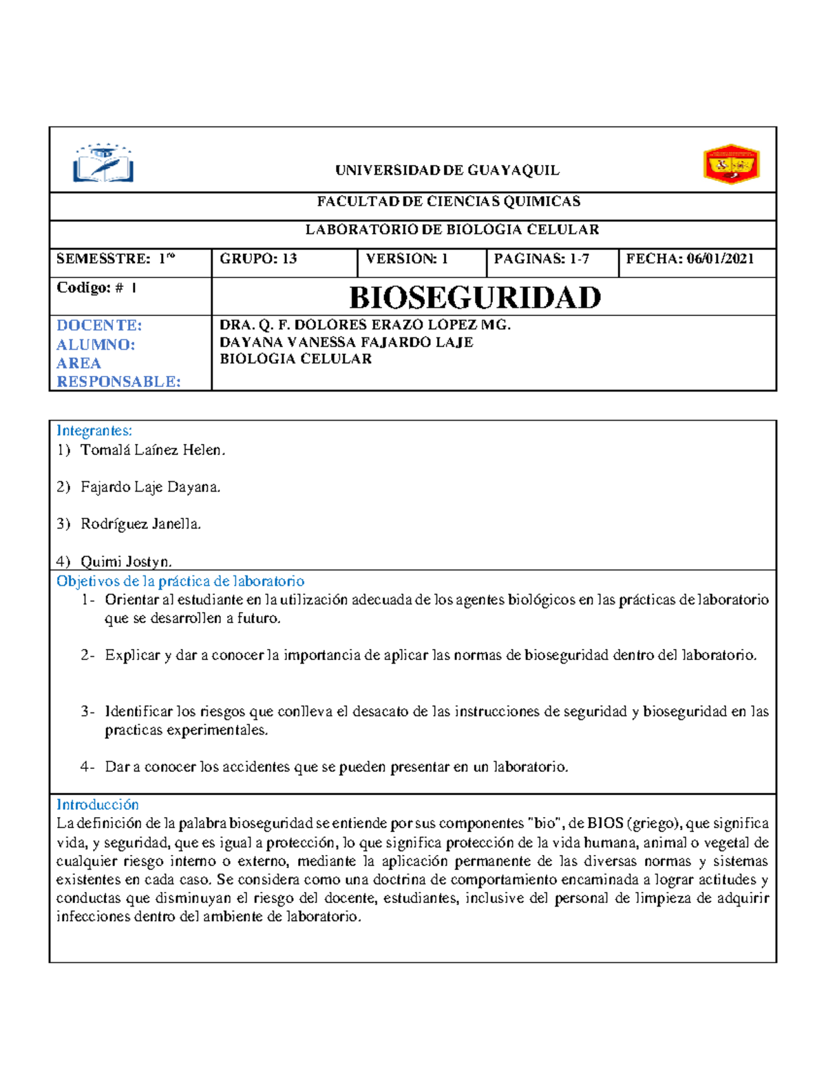 Informe de Práctica 1: Bioseguridad en Biología Celular - BIO101 - Document Preview