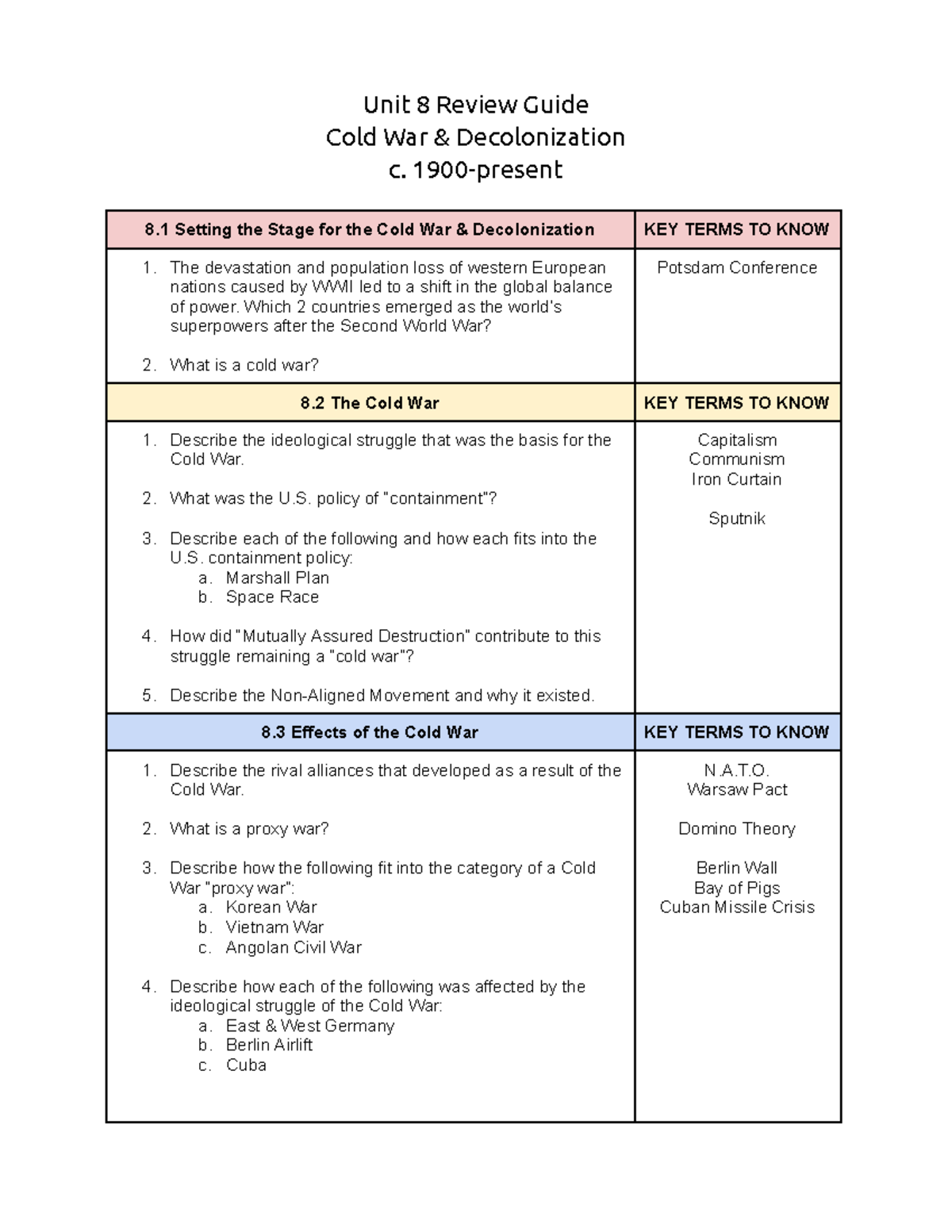 Unit 8 Review Guide: Cold War & Decolonization (c. 1900-Present) - Studocu