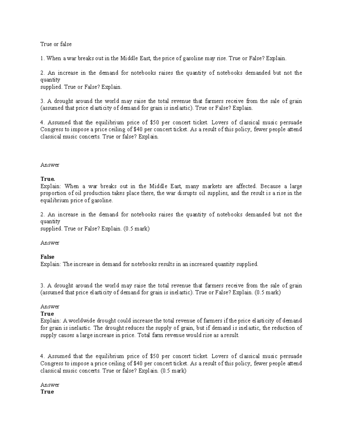 True or false sample questions and explanations for economics concepts ...