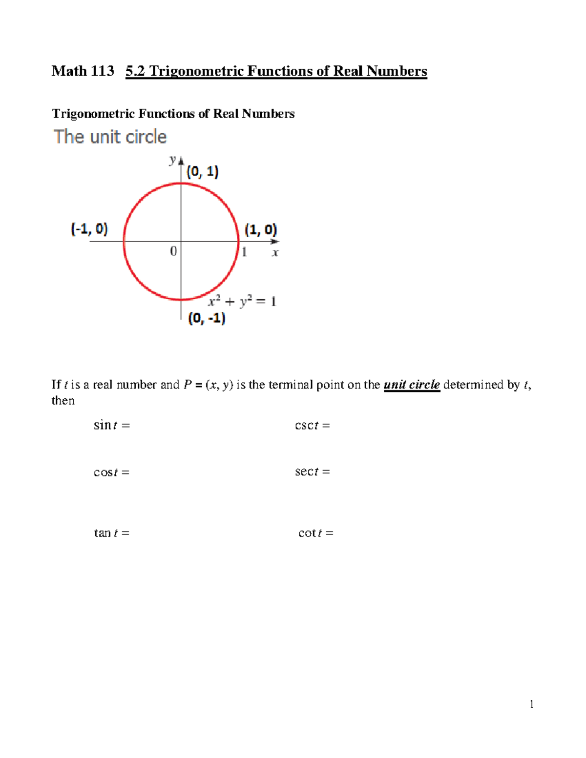 Math 113: 5.2 Trigonometric Functions of Real Numbers - Studocu