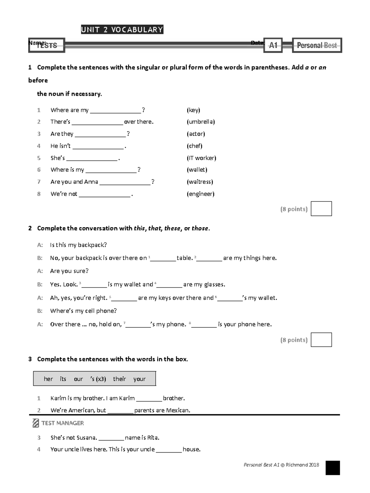 Ex final - UNIT 2 VOCABULARY Personal Best A1 Richmond 2018 1 Name ...