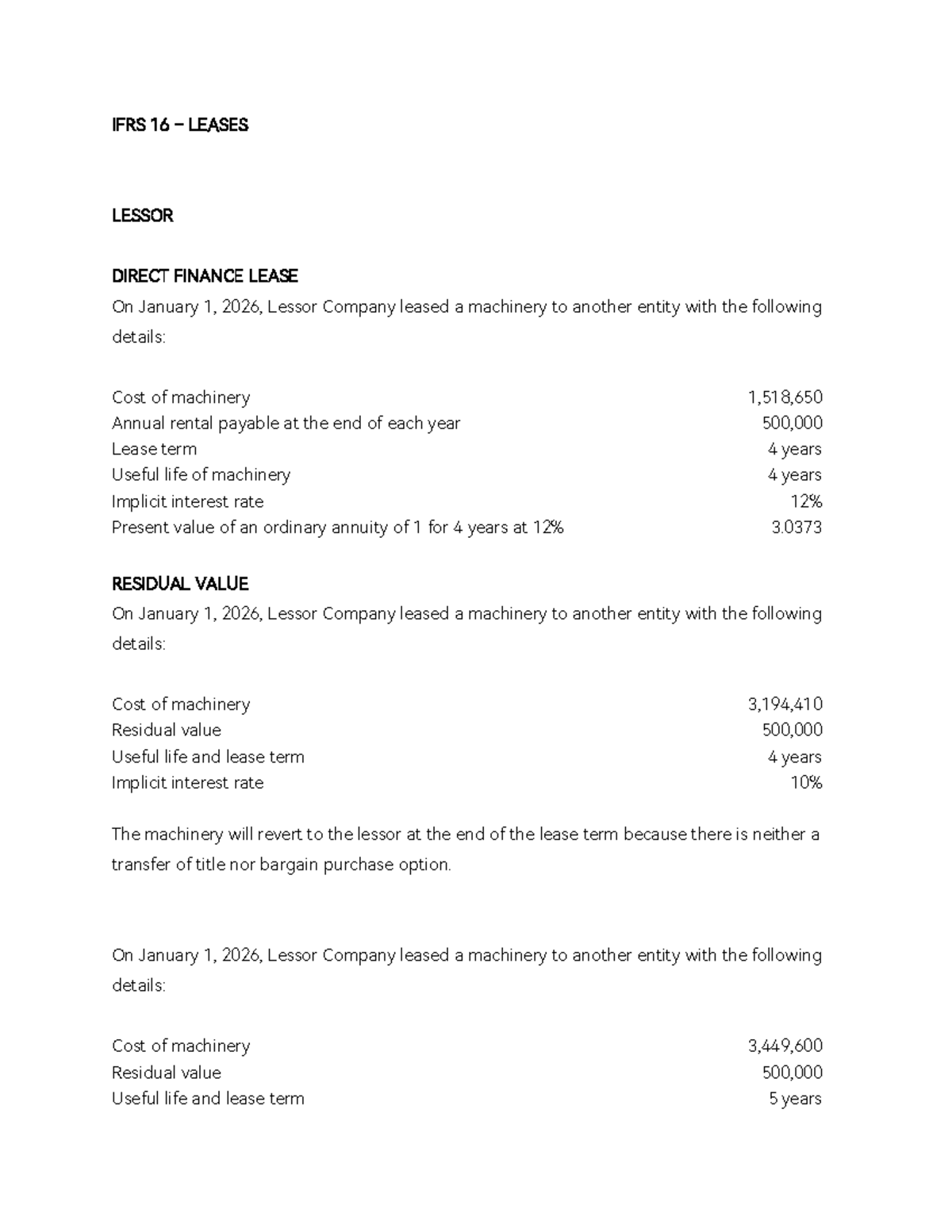 IFRS 16 Leases: Lessor Direct Finance Lease Discussion Notes - Studocu