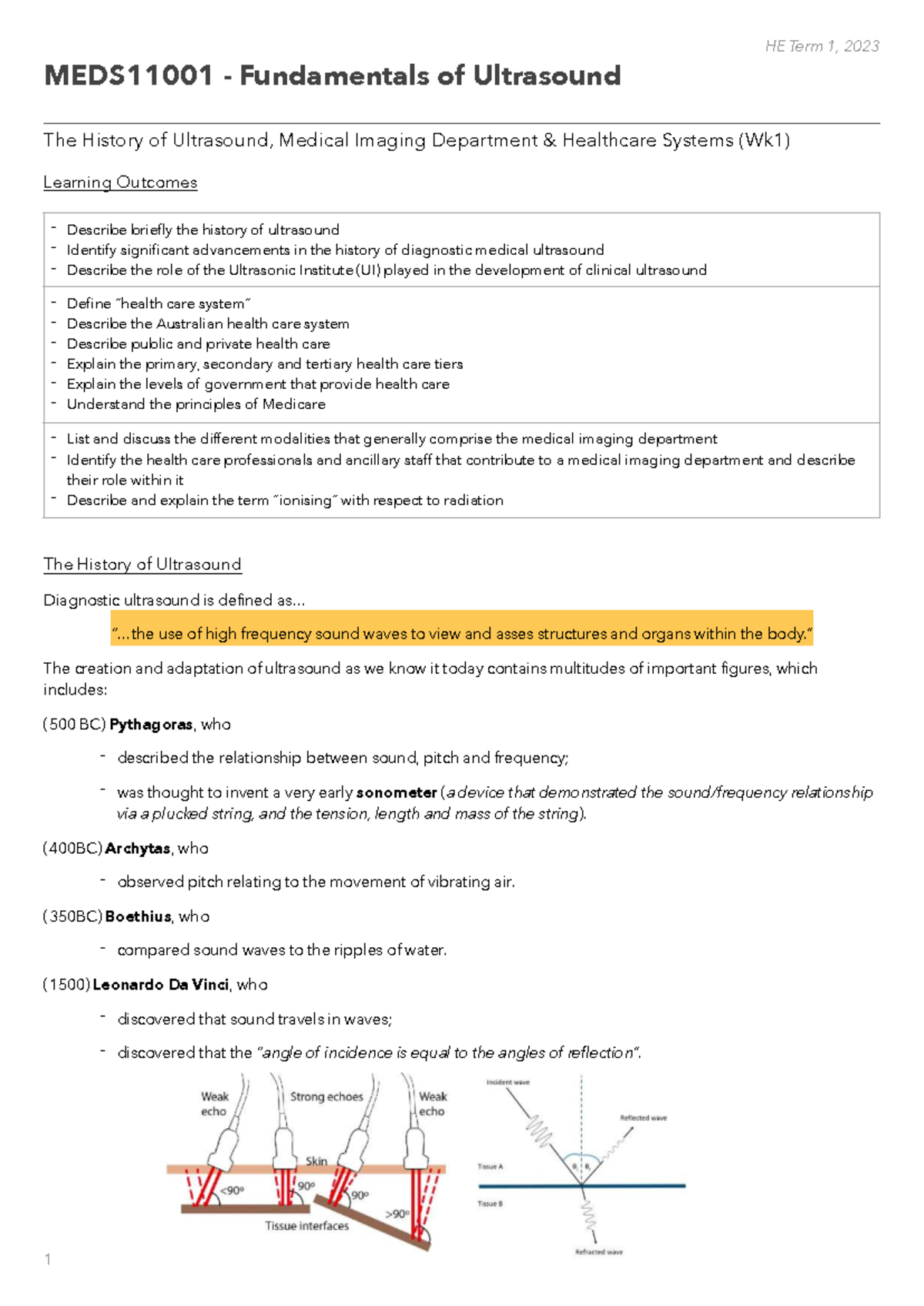 MEDS11001 - Comprehensive Notes on Ultrasound Fundamentals and Care ...