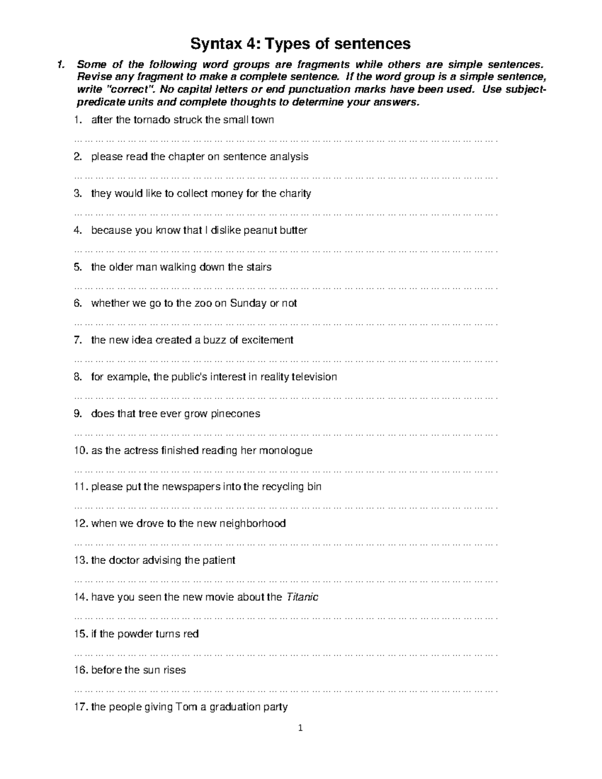A13 - Syntax Sentences: Types of Sentences Exercise for Ling 1 - Studocu
