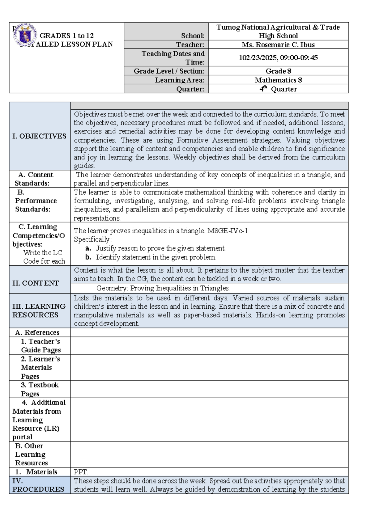 Grade 8 Math Lesson Plan: Proving Inequalities in Triangles (4th Qtr ...