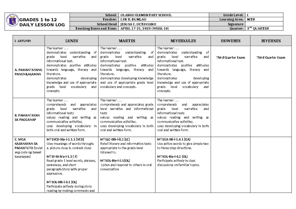 MTB lp - Lesson Plan for Grade 1 (April 17-21, 2023) - Studocu