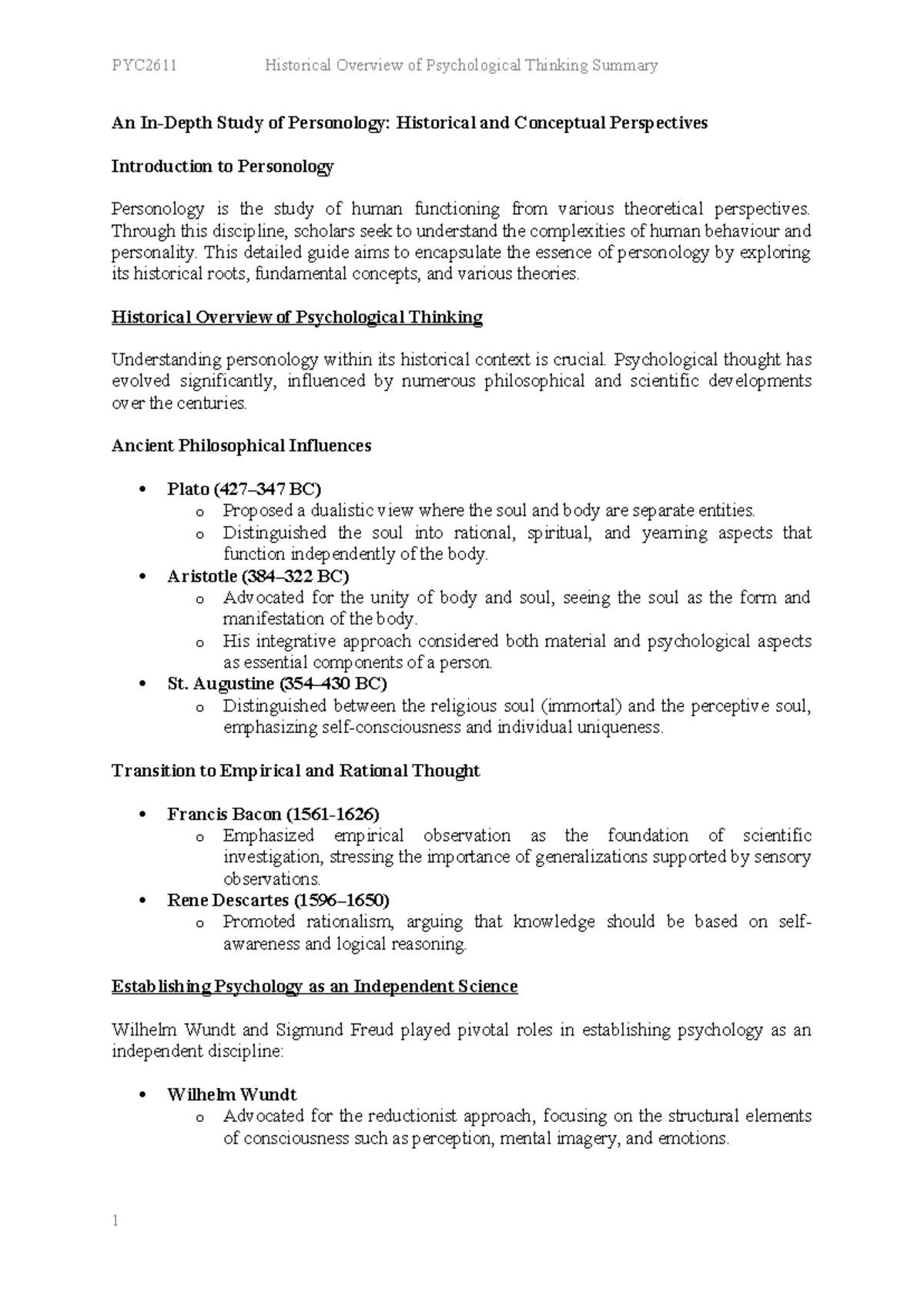 PYC2611 Summary of Historical Perspectives in Personology - Studocu