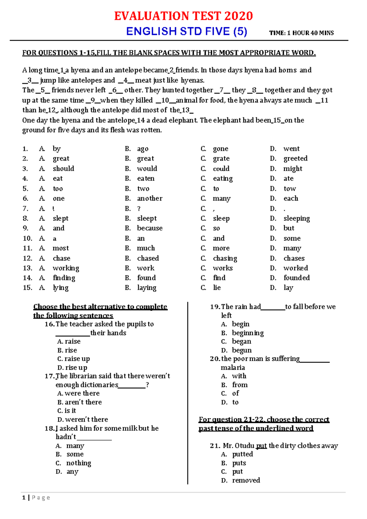 English Std 5 Evaluation Test 2020: Fill in the Blanks & Questions ...