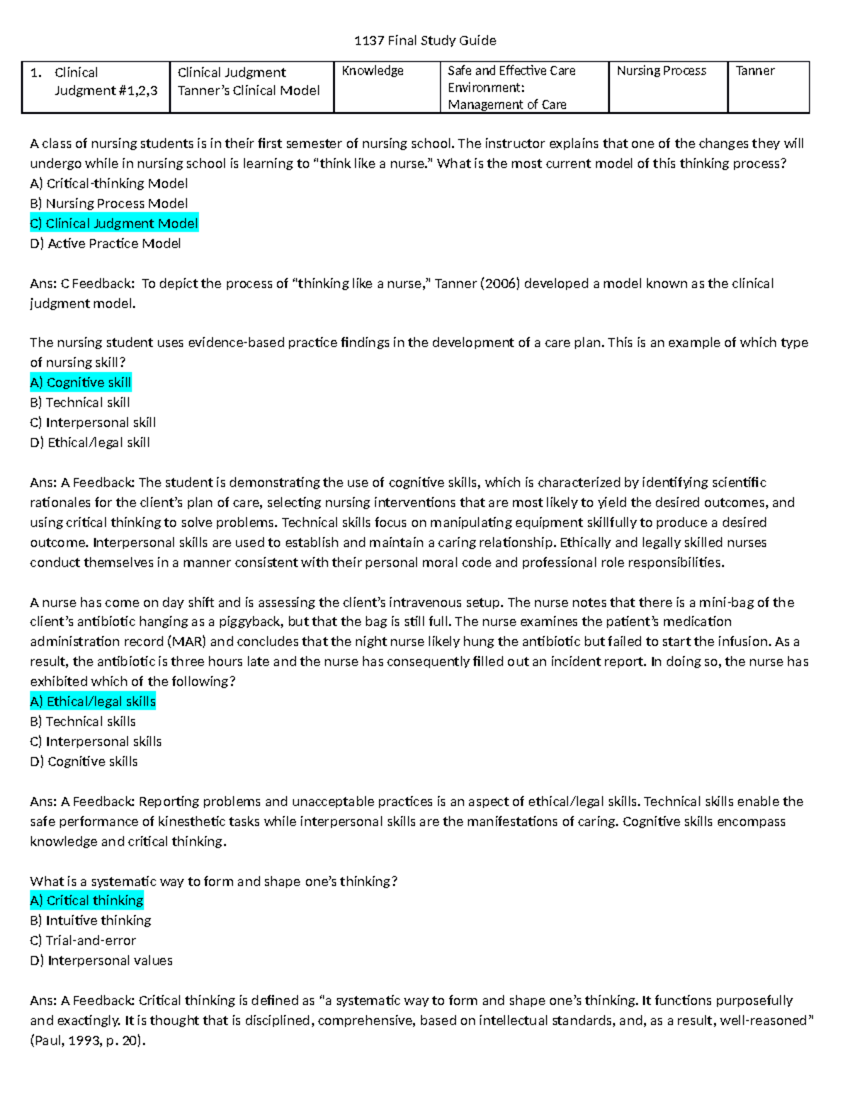 1137 Final Study Guide - Clinical Judgment and Critical Thinking - Studocu