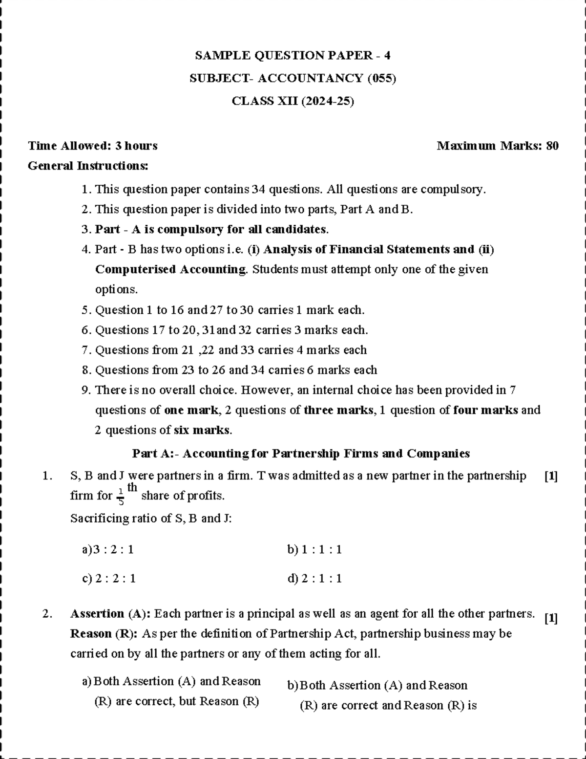 SAMPLE QUESTION PAPER 4 ACCOUNTANCY (055) CLASS XII - PARTNERSHIP FIRMS ...