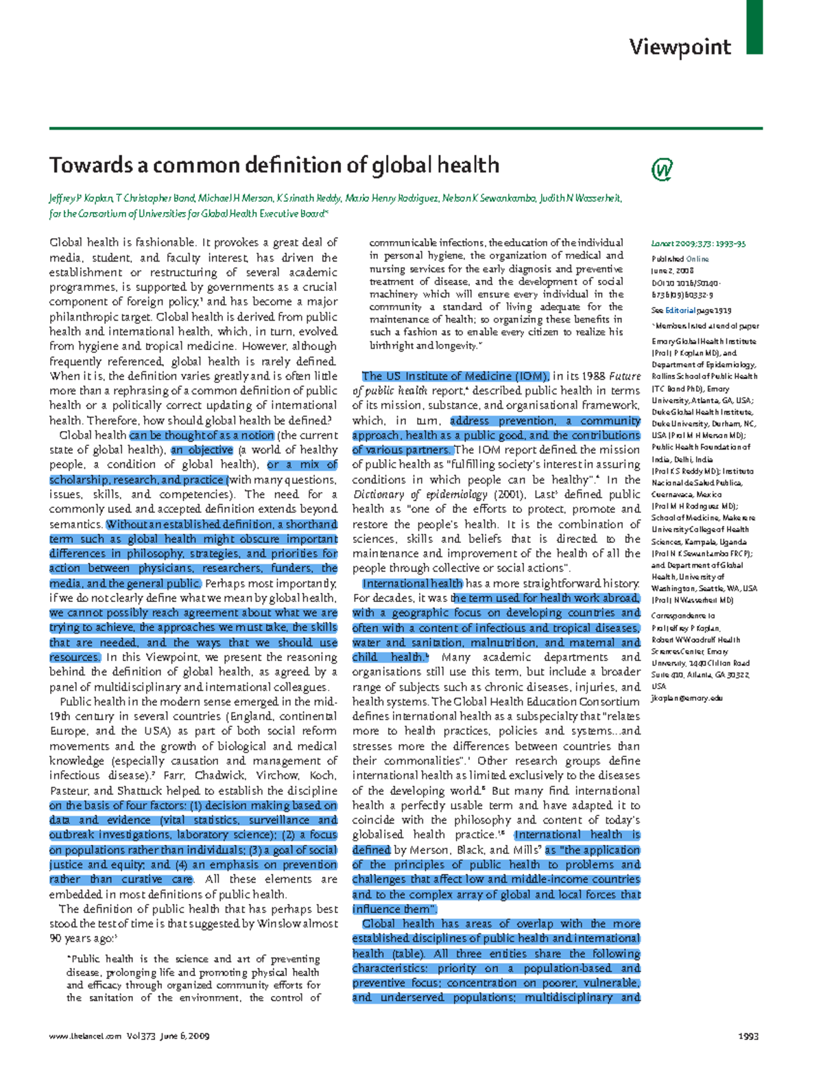 Koplan et al. (2009) - Defining Global Health Overview and Insights ...