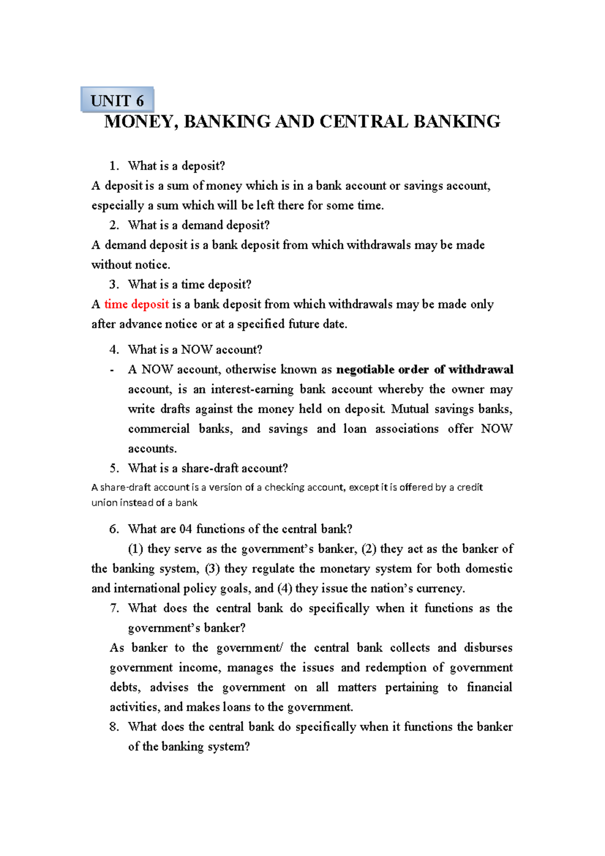 TACN2 UNIT 6: Money, Banking, and Central Banking Overview - Studocu