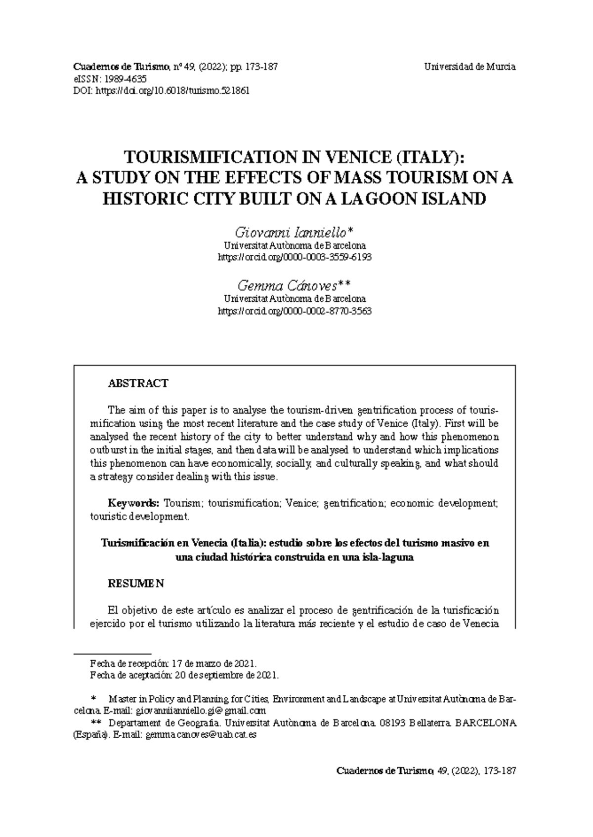 Tourismification in Venice (Italy): Impacts of Mass Tourism on Heritage ...
