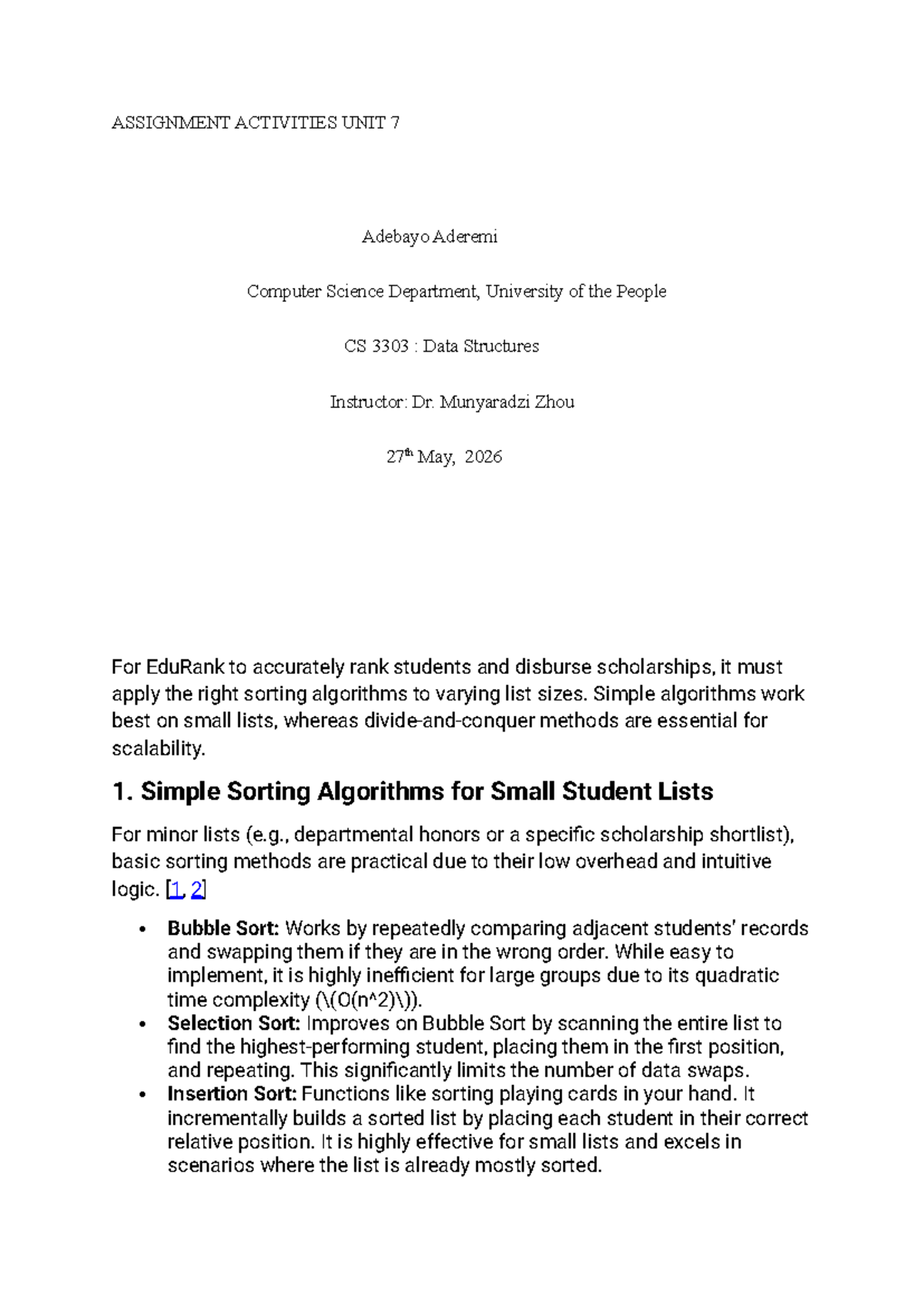 CS 3303: Assignment Activities Unit 7 - Sorting Algorithms Analysis ...
