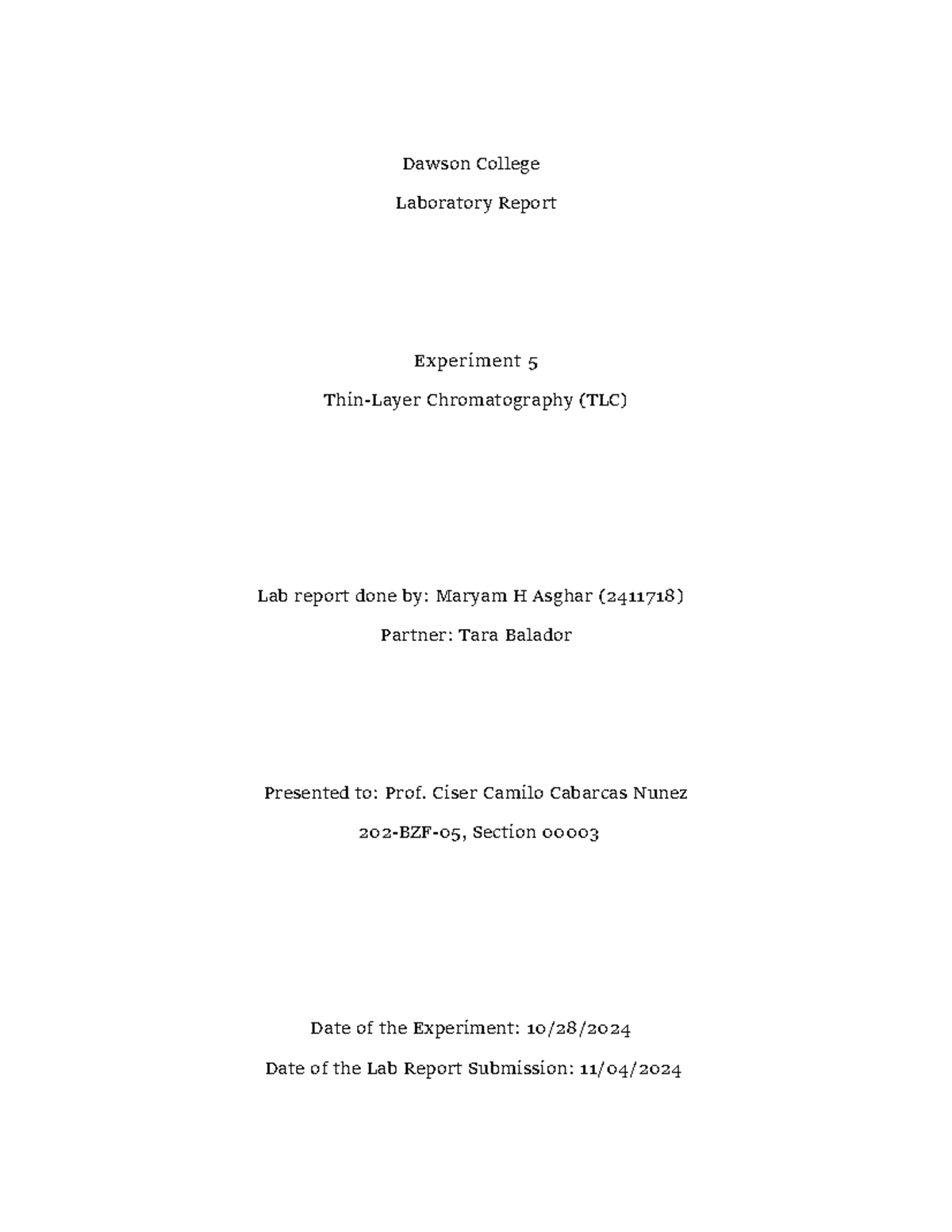 Lab 5 - TLC Analysis Report for 202 - BZF-05 at Dawson College - Studocu