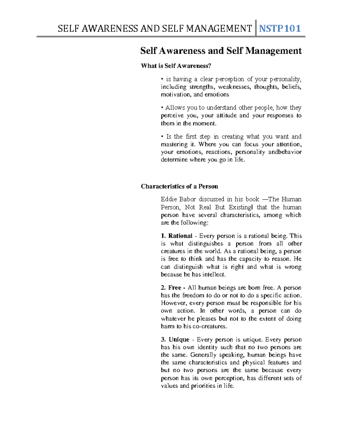 2 - Lecture notes 2 - Self Awareness and Self Management What is Self ...