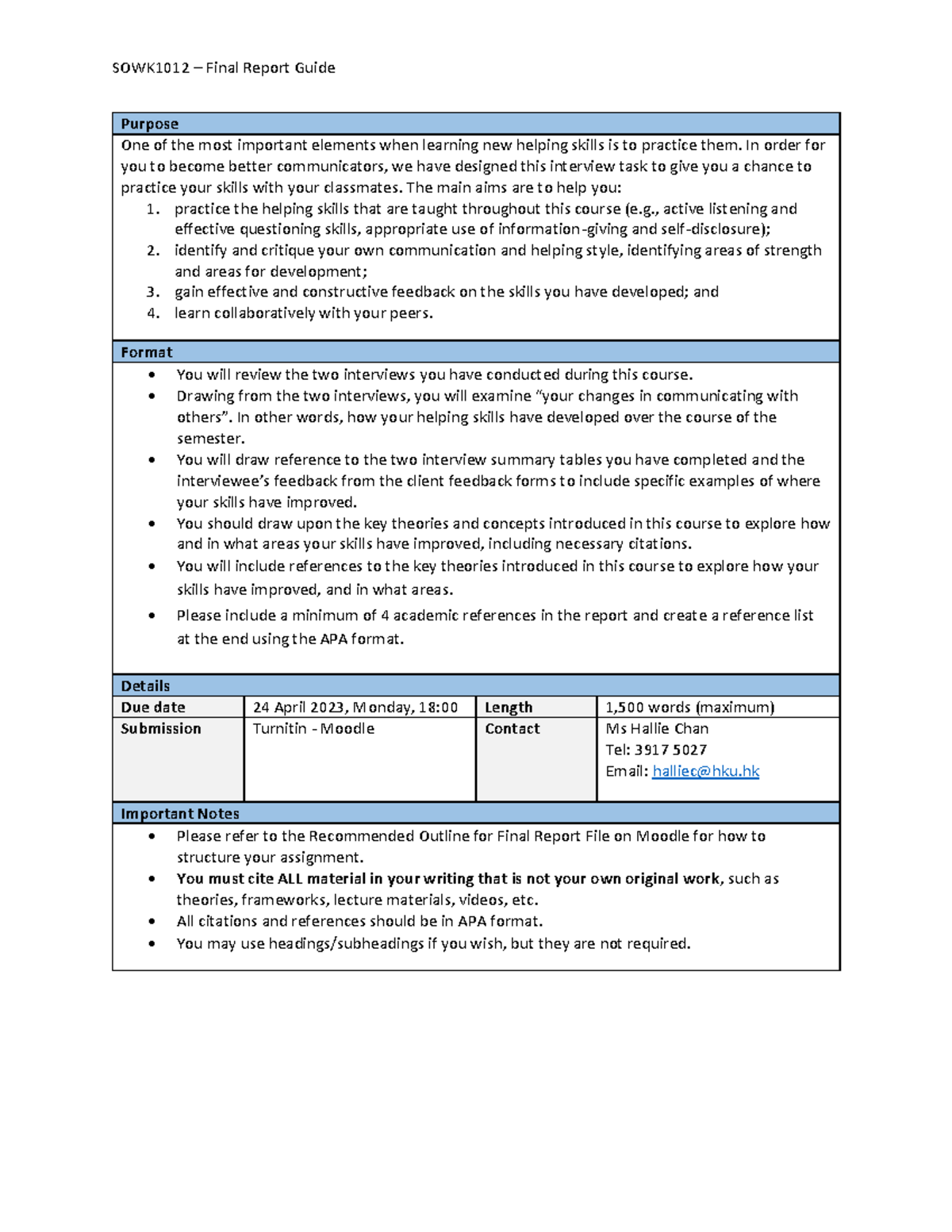 SOWK1012 – Final Report Guide for Skill Development in 2023 - Studocu